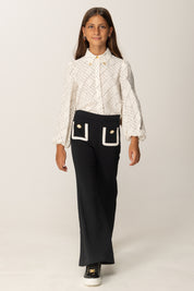Elisabetta Franchi Bambina Camicia In Georgette con Stampa Logo EFCA2670VI040 MILK/NERO