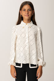 Elisabetta Franchi Bambina Camicia In Georgette con Stampa Logo EFCA2670VI040 MILK/NERO