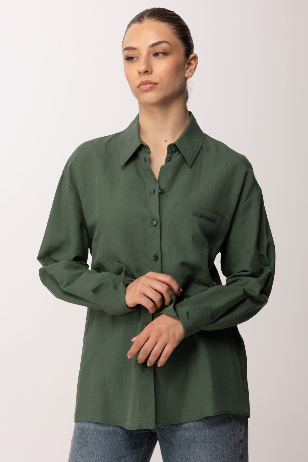 Patrizia Pepe Camicia In Misto Lino con Tasche Applicate 2C1710 A751 ALGAE GREEN