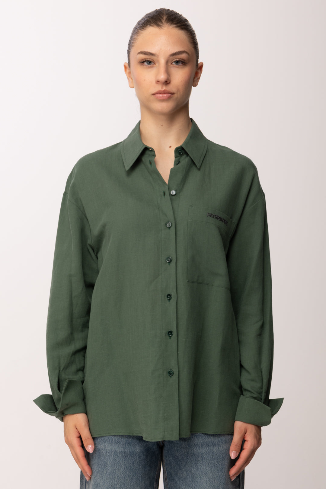 Patrizia Pepe Camicia In Misto Lino con Tasche Applicate 2C1710 A751 ALGAE GREEN