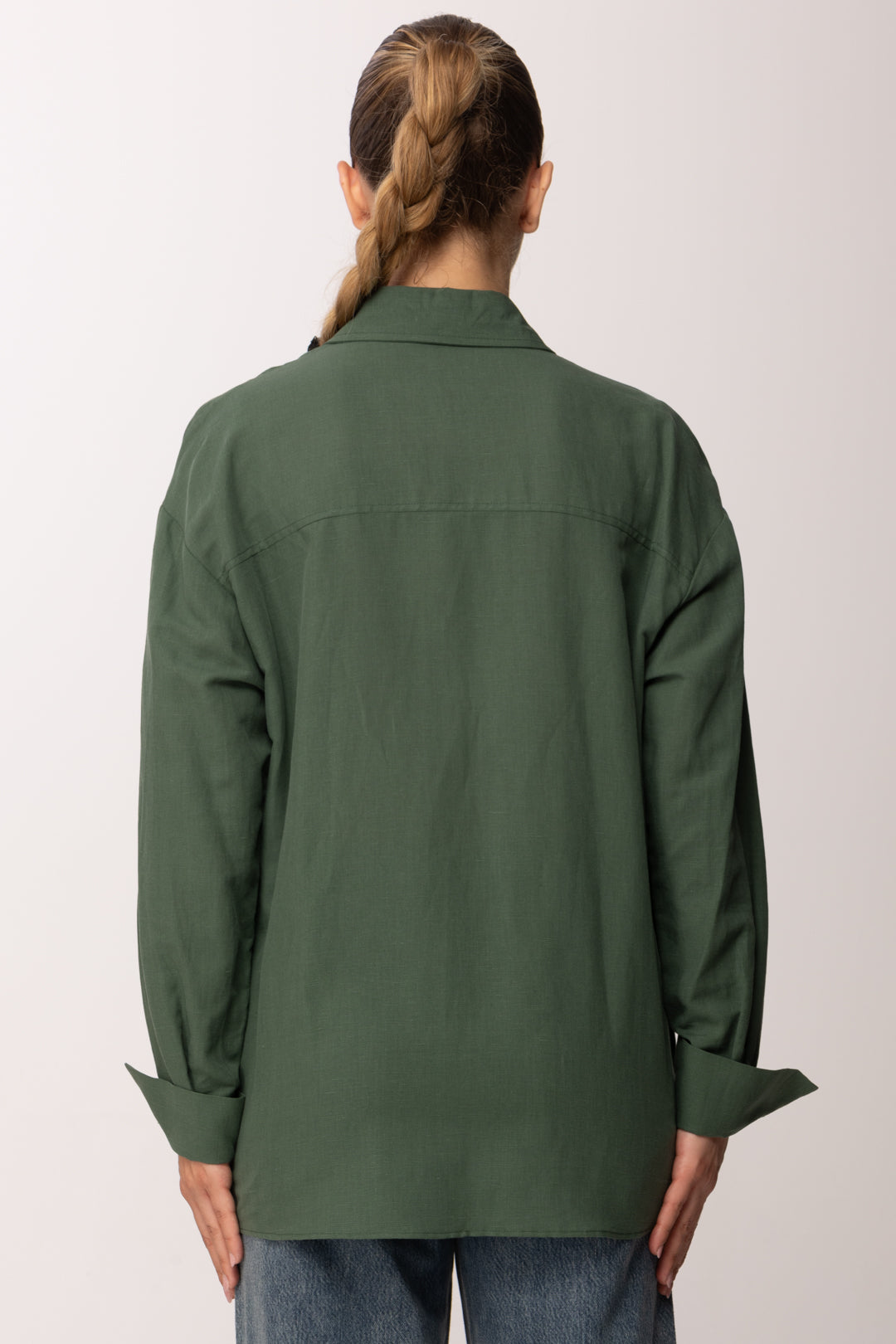 Patrizia Pepe Camicia In Misto Lino con Tasche Applicate 2C1710 A751 ALGAE GREEN