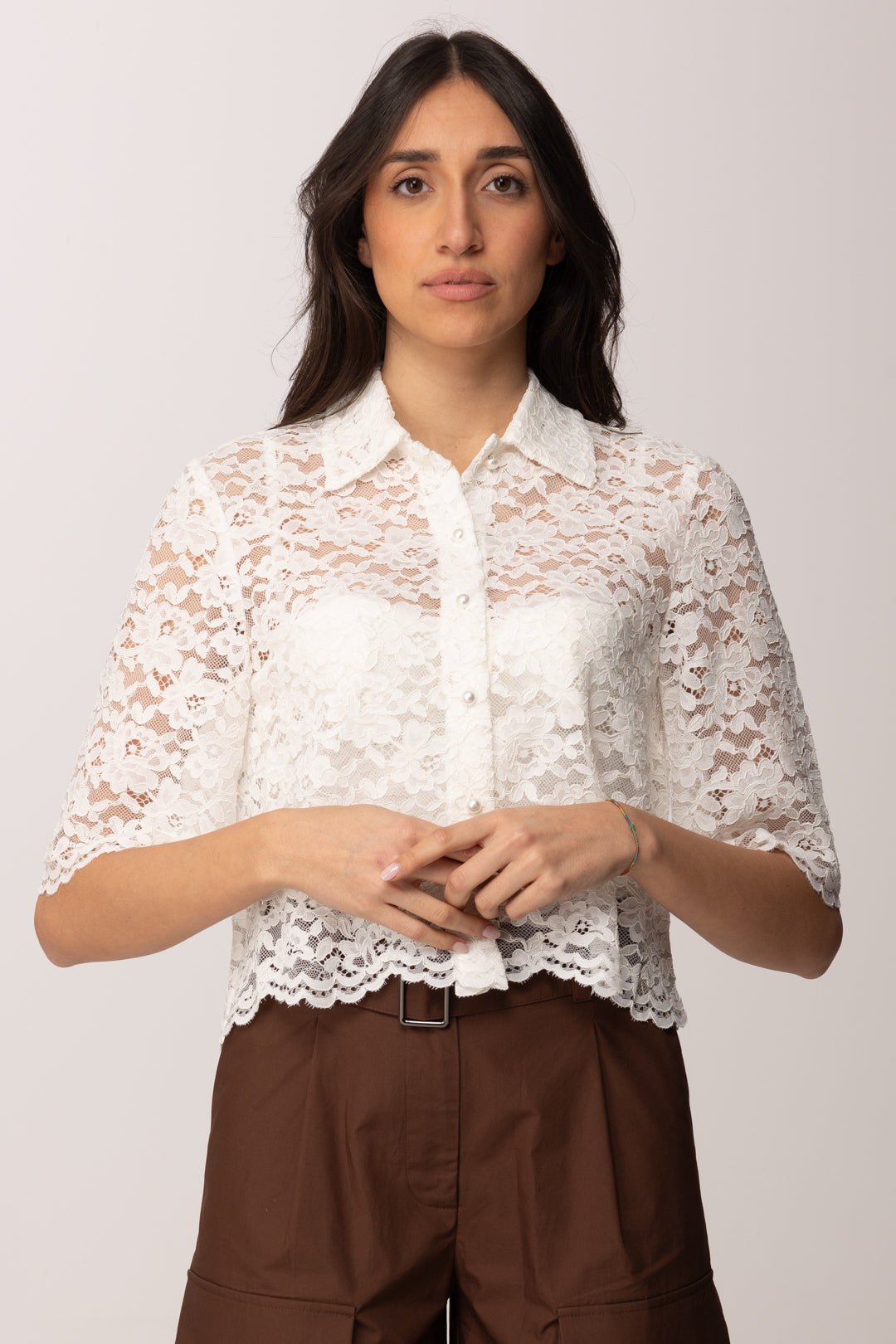 Twin-set Camicia In Pizzo Floreale con Maniche Corte 261AP2302 OFF WHITE