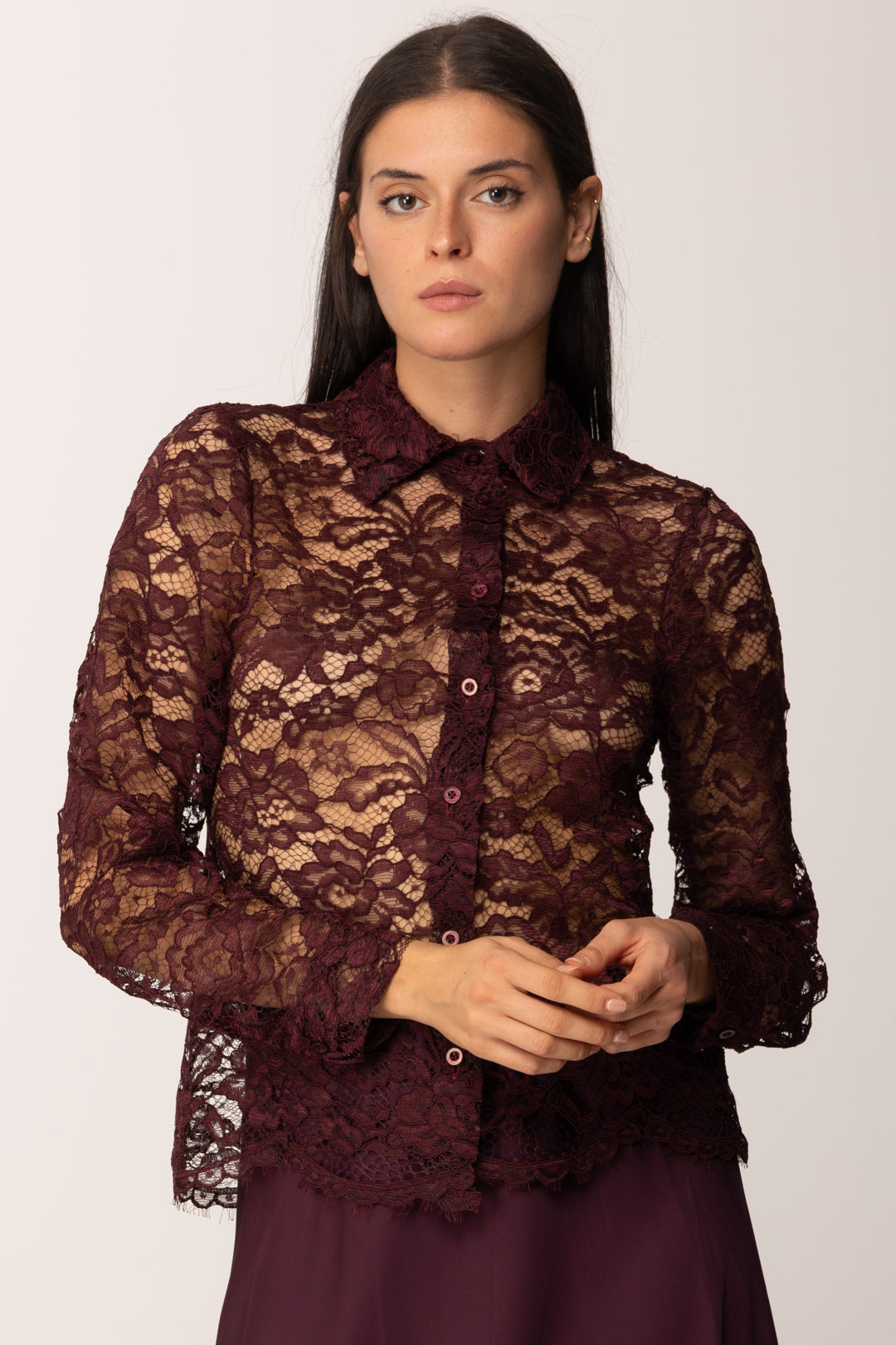 Khloe Femme Camicia In Pizzo Trasparente VINO