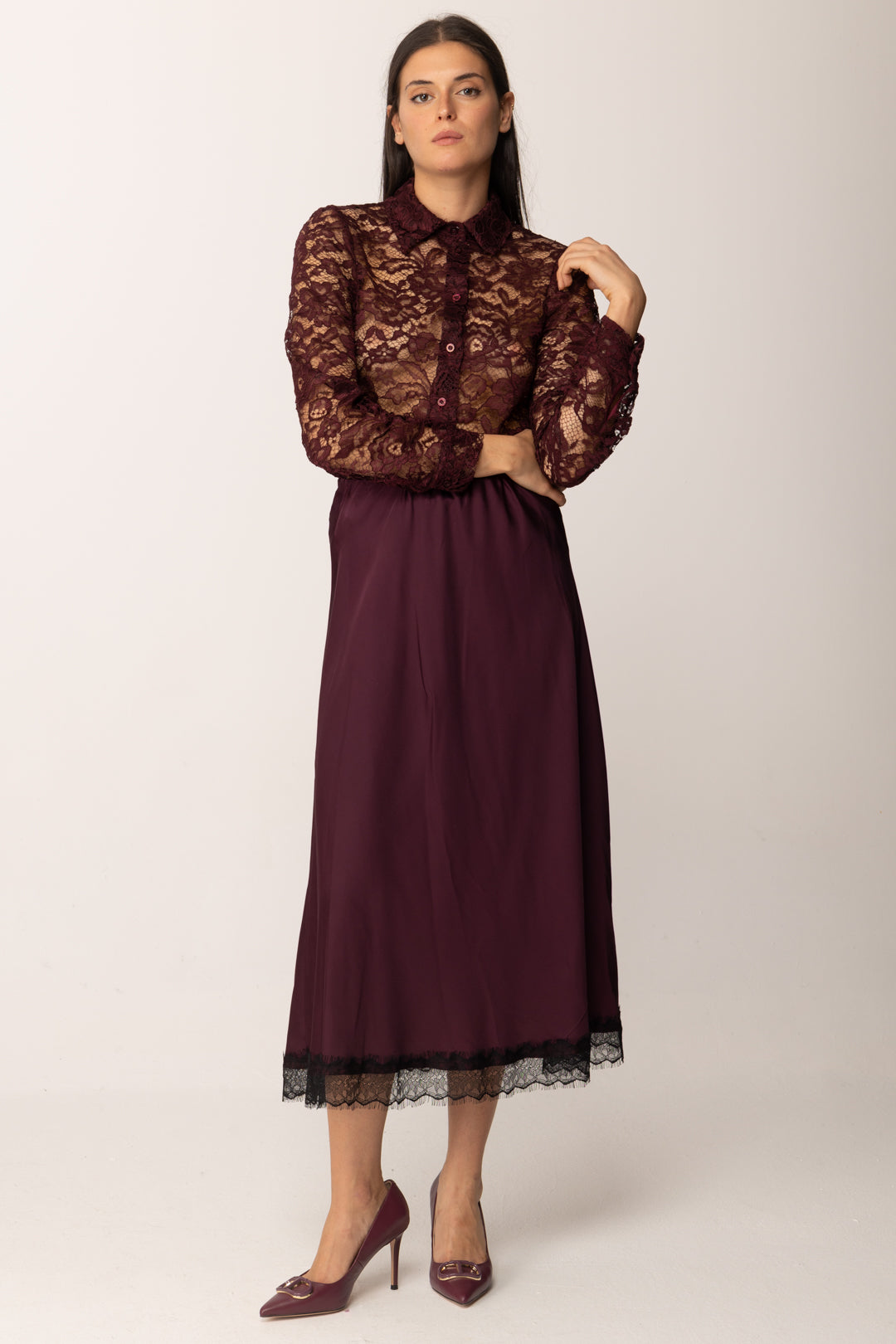 Khloe Femme Camicia In Pizzo Trasparente VINO