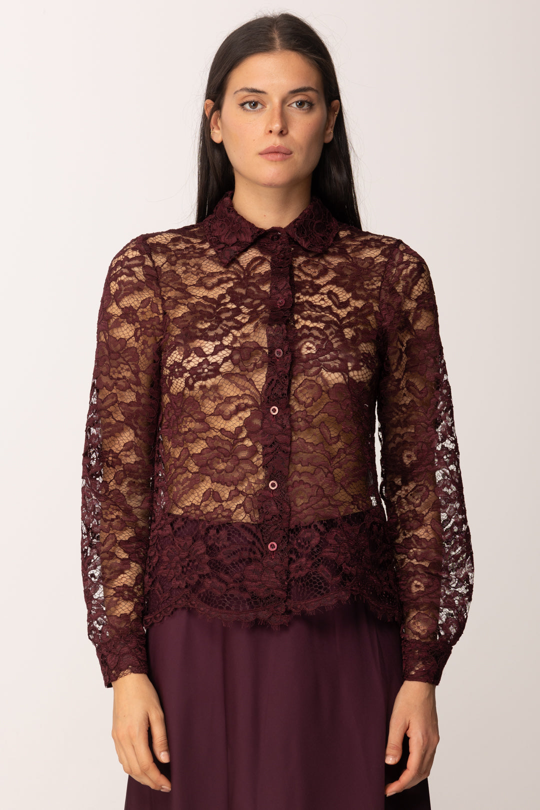 Khloe Femme Camicia In Pizzo Trasparente VINO