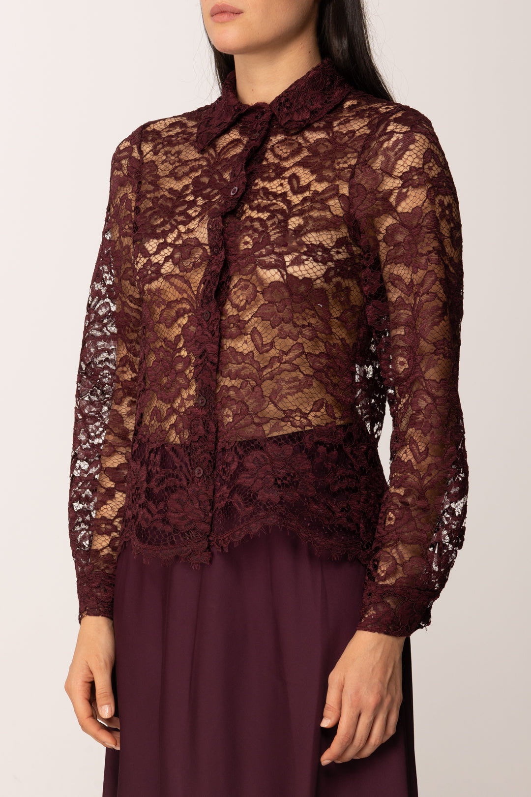 Khloe Femme Camicia In Pizzo Trasparente VINO