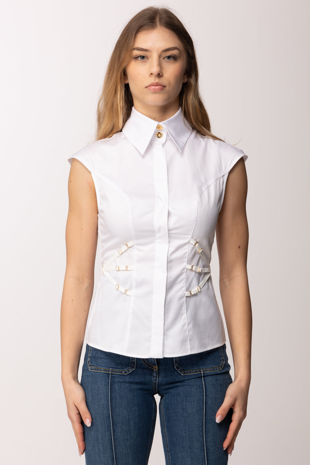 Elisabetta Franchi Camicia In Popeline Di Cotone con Elastici CA14361E2 BIANCO