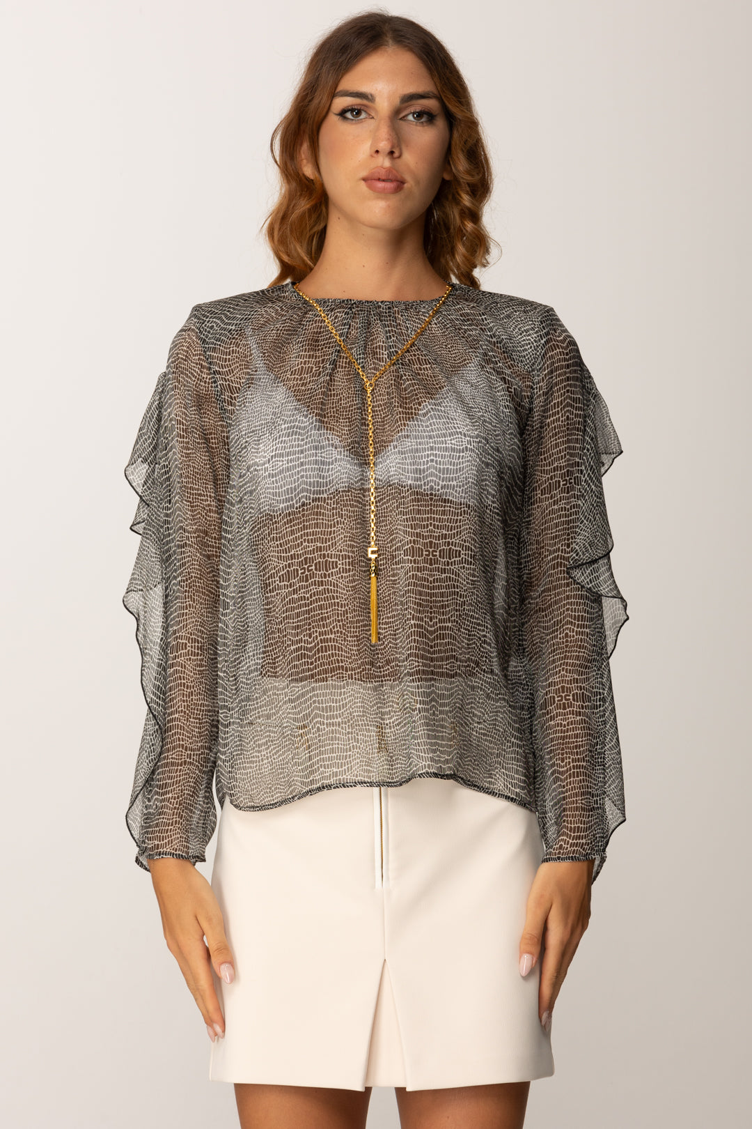 Elisabetta Franchi Camicia In Trasparenza Stampa Pitone CA12757E2 NERO