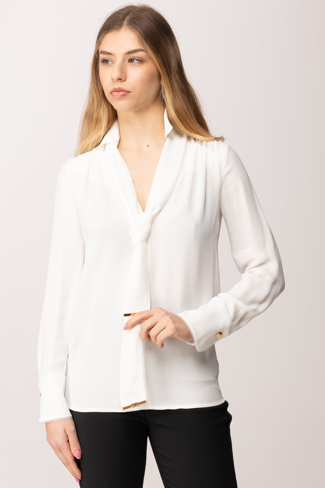 Elisabetta Franchi Camicia In Viscosa con Cintura Annodata CA14661E2 AVORIO