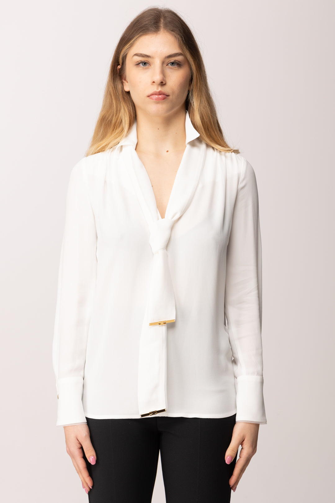 Elisabetta Franchi Camicia In Viscosa con Cintura Annodata CA14661E2 AVORIO