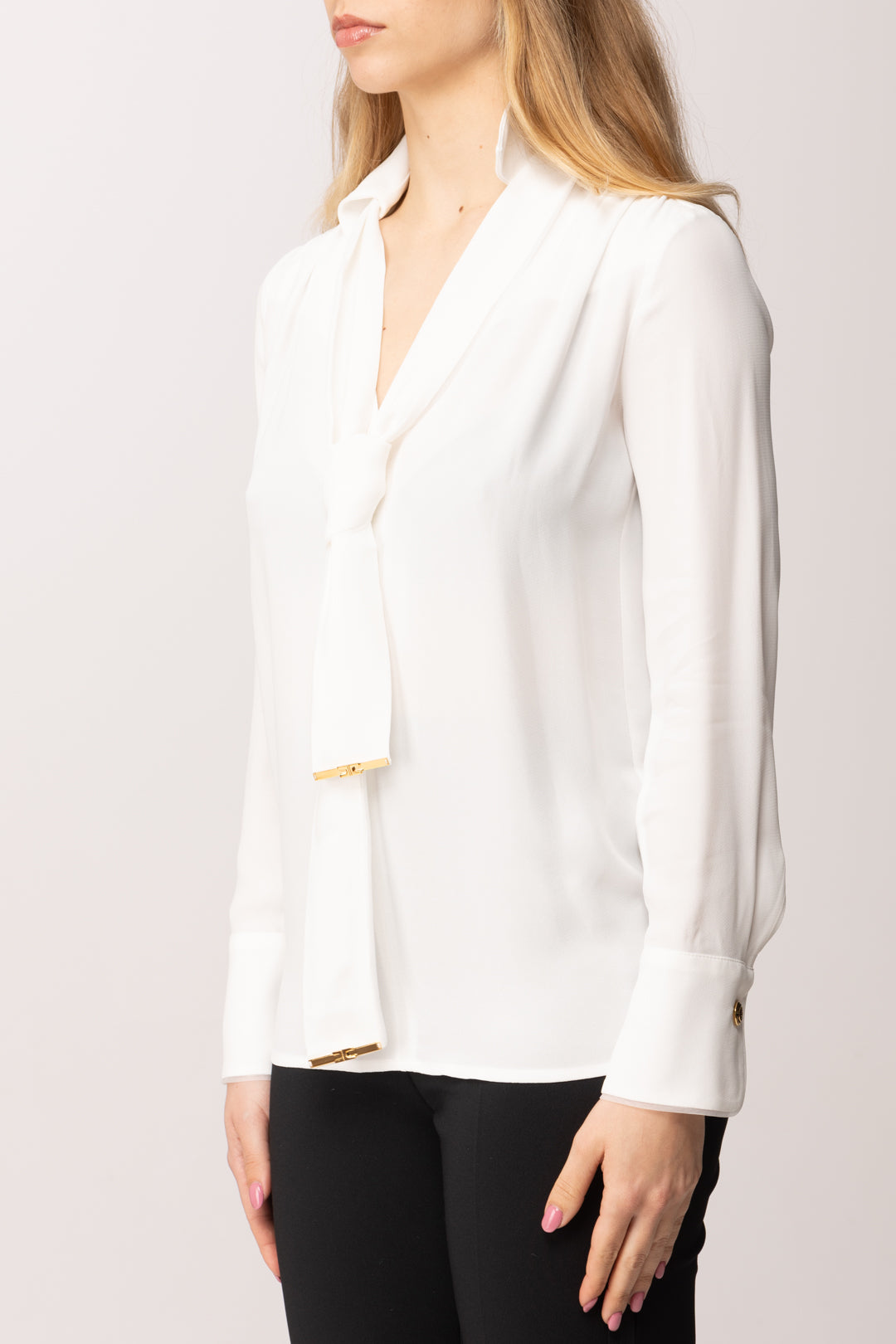 Elisabetta Franchi Camicia In Viscosa con Cintura Annodata CA14661E2 AVORIO