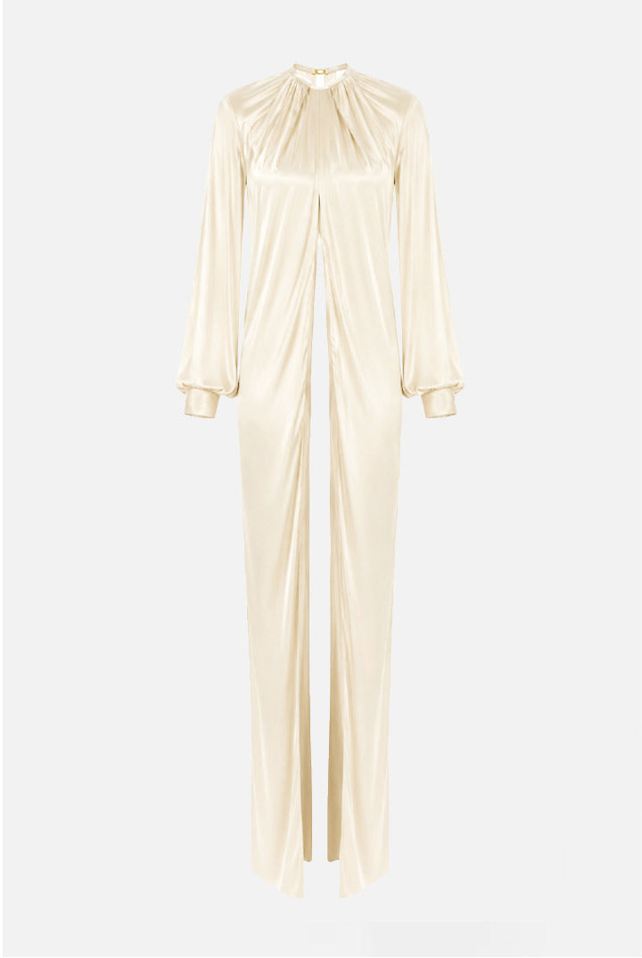 Elisabetta Franchi Camicia Lunga In Jersey Lucido con Drappeggi MD00667E2 AVORIO