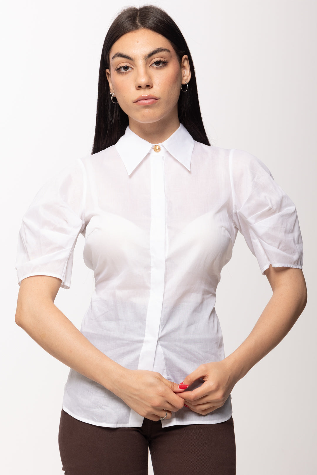 Elisabetta Franchi Camicia Maniche Corte con Apertura Sul Retro CA11961E2 BIANCO