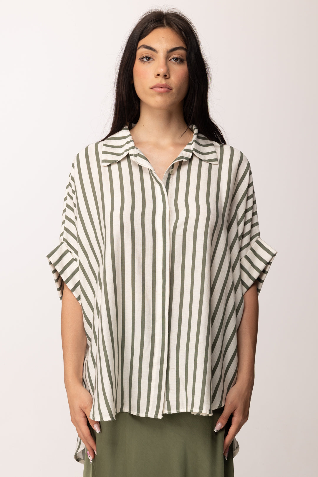 Khloe Femme Camicia Over a Righe con Maniche Ampie A6309-L61 BIANCO/VERDE