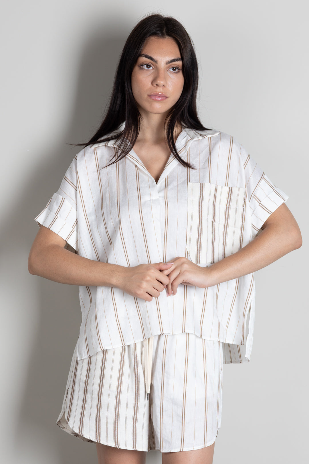 Vicolo Camicia Over a Righe con Taschino TAB2895 NATURALE