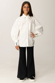 Elisabetta Franchi Bambina Camicia Over In Popeline con Logo Sui Polsi EFCA2700CA235 AVORIO/NERO