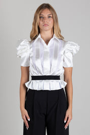 Elisabetta Franchi Camicia Satinata con Cintura e Maniche a Sbuffo CA20567E2 AVORIO