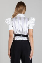 Elisabetta Franchi Camicia Satinata con Cintura e Maniche a Sbuffo CA20567E2 AVORIO