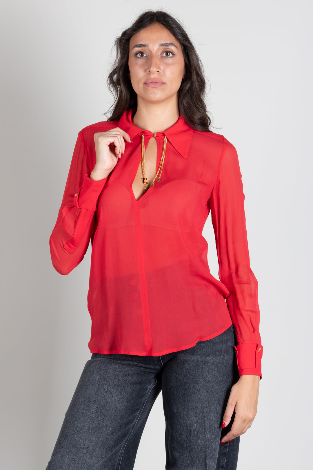 Elisabetta Franchi Camicia Scollo a Goccia con Loghi Gioiello CA19466E2 RED PASSION