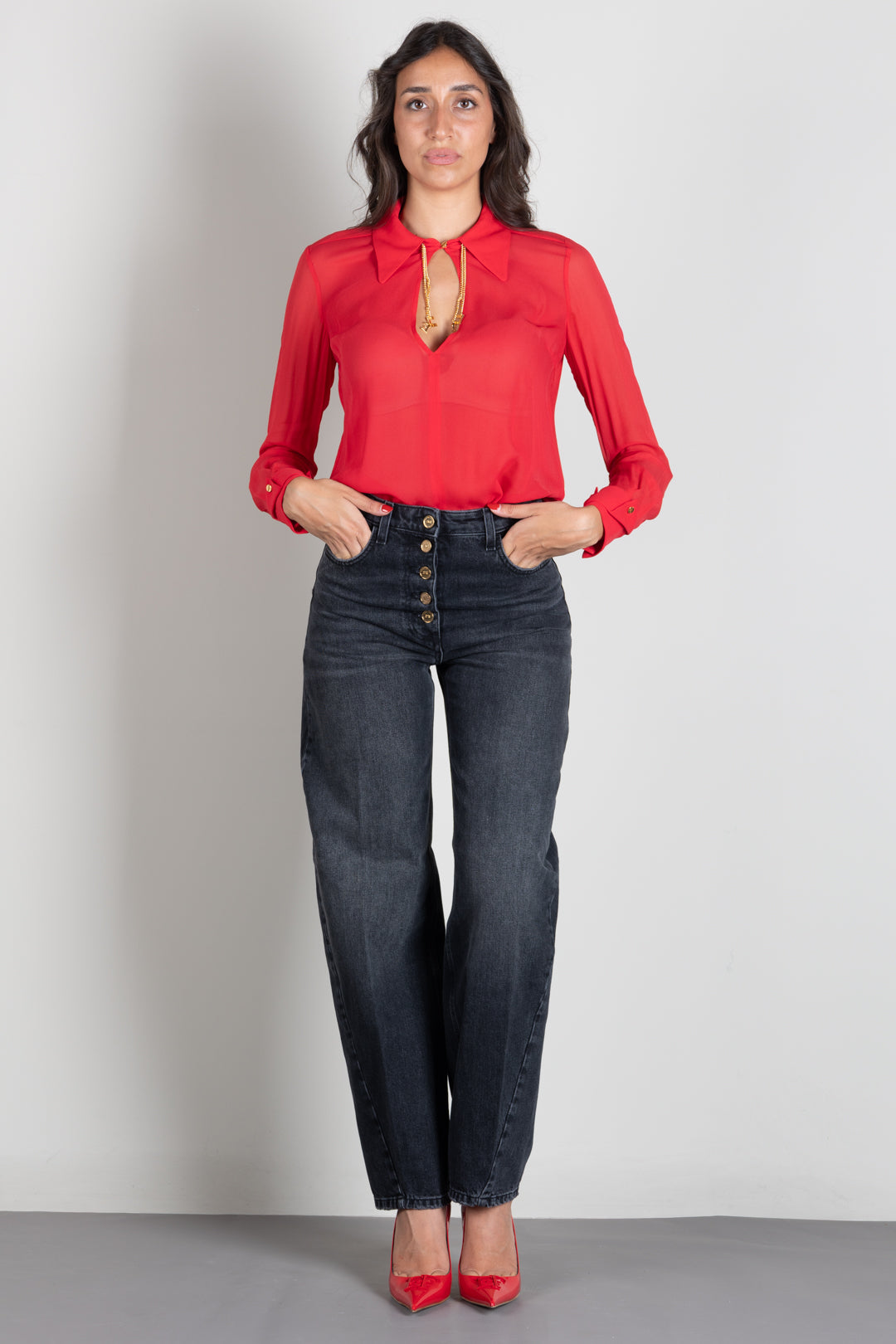 Elisabetta Franchi Camicia Scollo a Goccia con Loghi Gioiello CA19466E2 RED PASSION