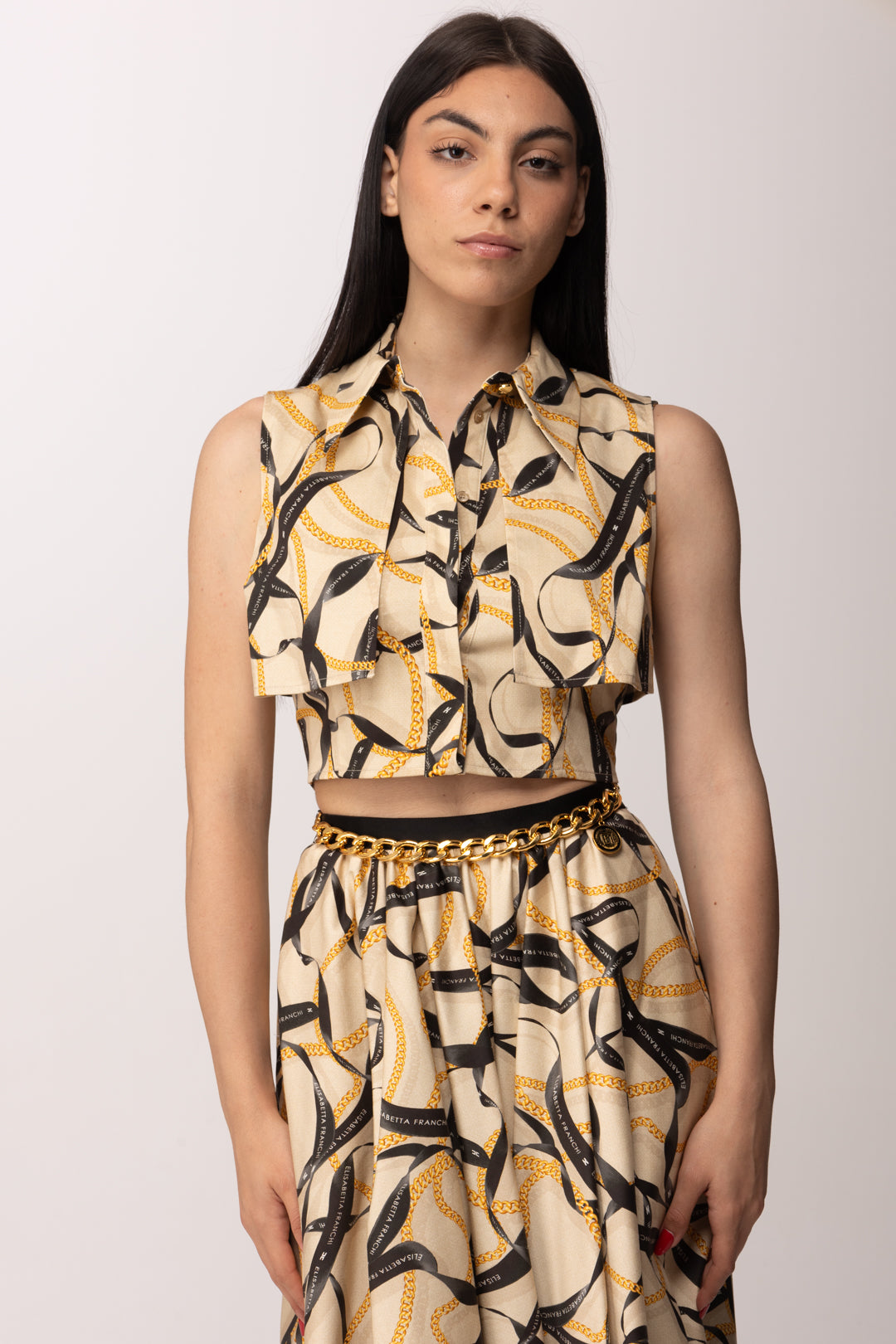 Elisabetta Franchi Camicia Smanicata con Stampa All-over e Balze CA13961E2 CREMA
