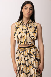 Elisabetta Franchi Camicia Smanicata con Stampa All-over e Balze CA13961E2 CREMA