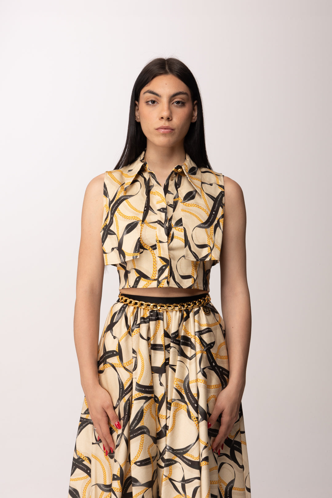 Elisabetta Franchi Camicia Smanicata con Stampa All-over e Balze CA13961E2 CREMA