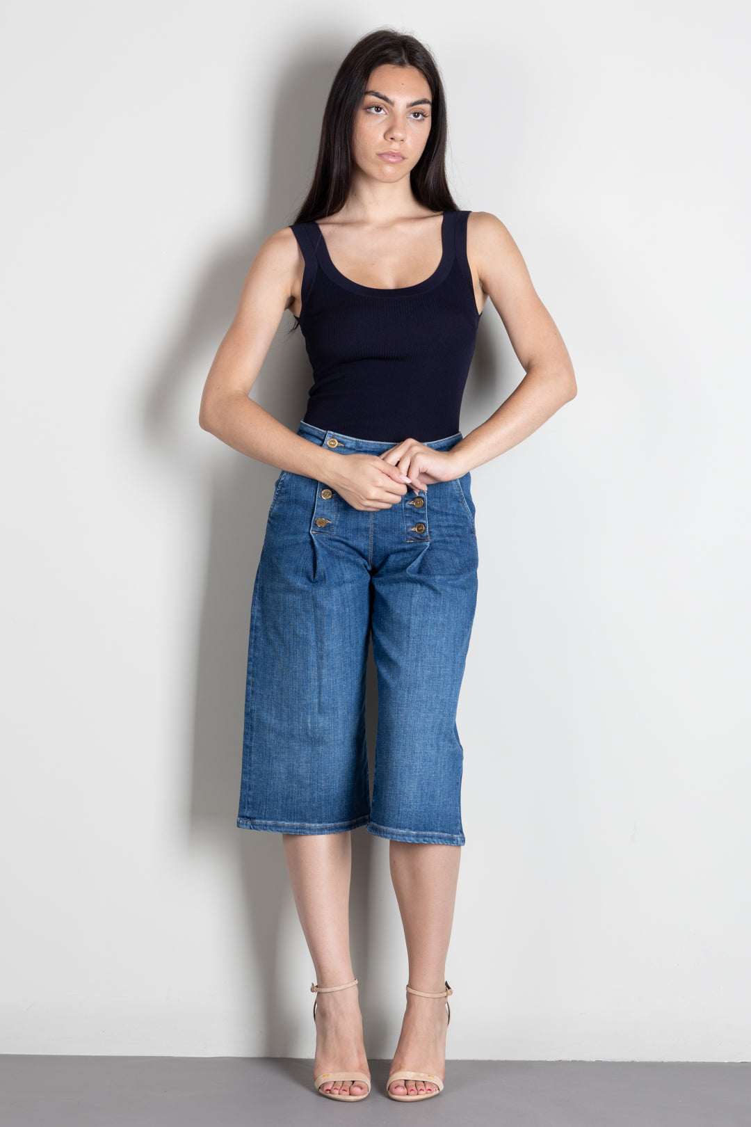 Elisabetta Franchi Canotta a Coste con Scollo Ampio TK04B66E2 BLU NOTTE