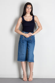 Elisabetta Franchi Canotta a Coste con Scollo Ampio TK04B66E2 BLU NOTTE