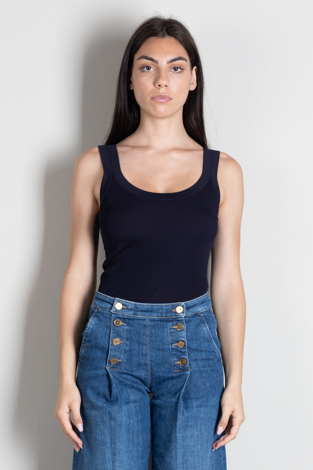 Elisabetta Franchi Canotta a Coste con Scollo Ampio TK04B66E2 BLU NOTTE