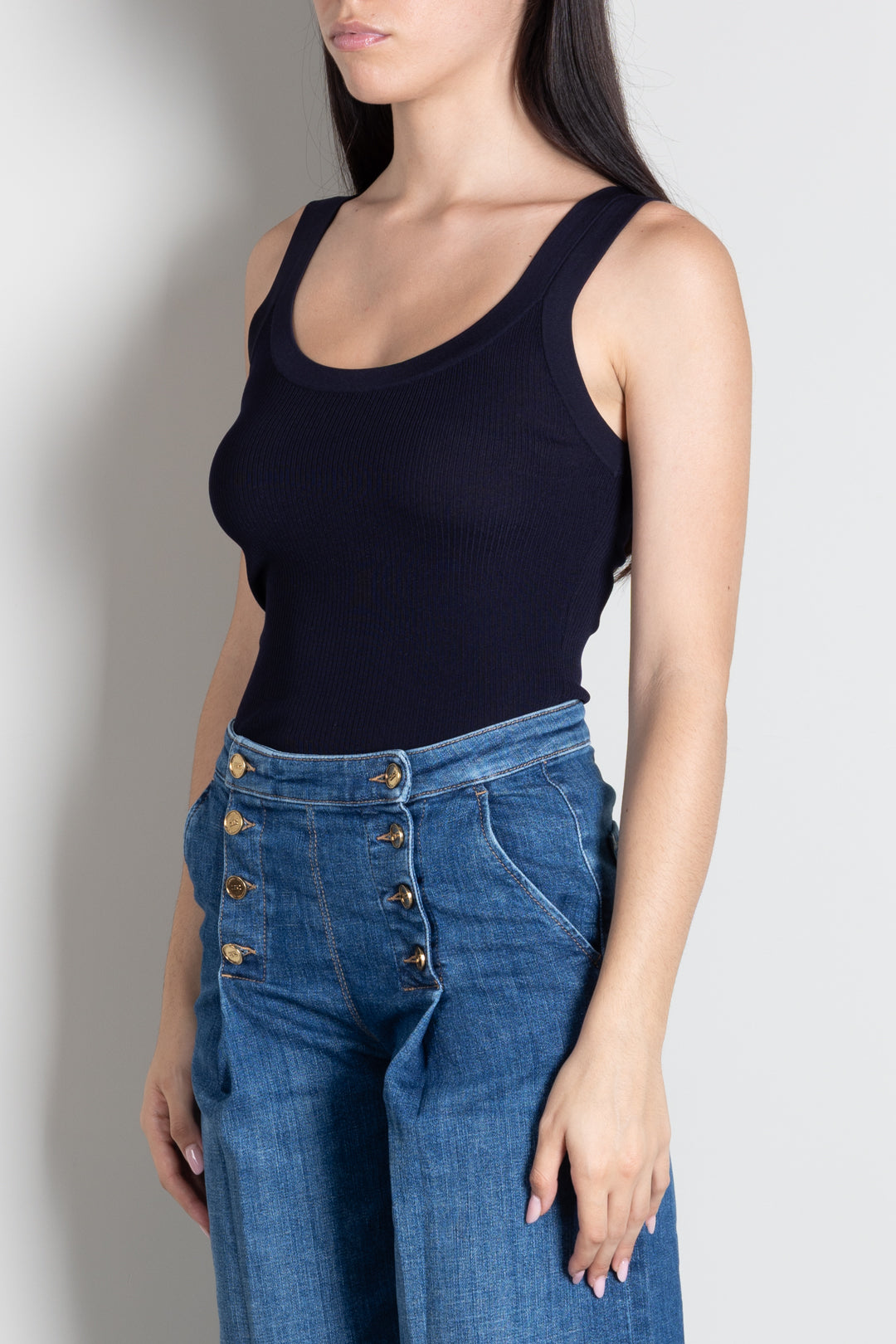 Elisabetta Franchi Canotta a Coste con Scollo Ampio TK04B66E2 BLU NOTTE