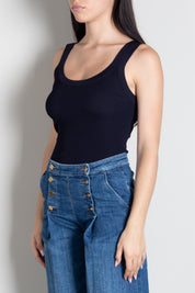 Elisabetta Franchi Canotta a Coste con Scollo Ampio TK04B66E2 BLU NOTTE