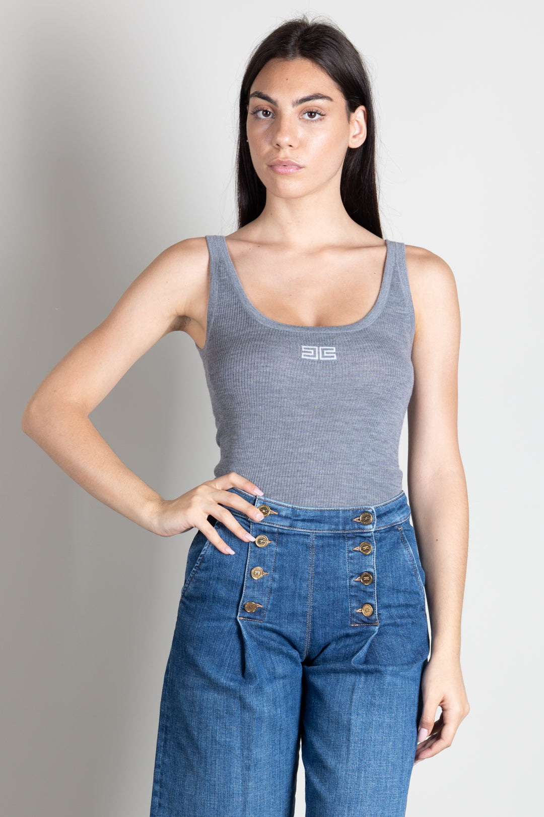 Elisabetta Franchi Canotta In Maglia a Costine con Logo  Ricamato TK03B66E2 GRIGIO MELANGE/AVORI