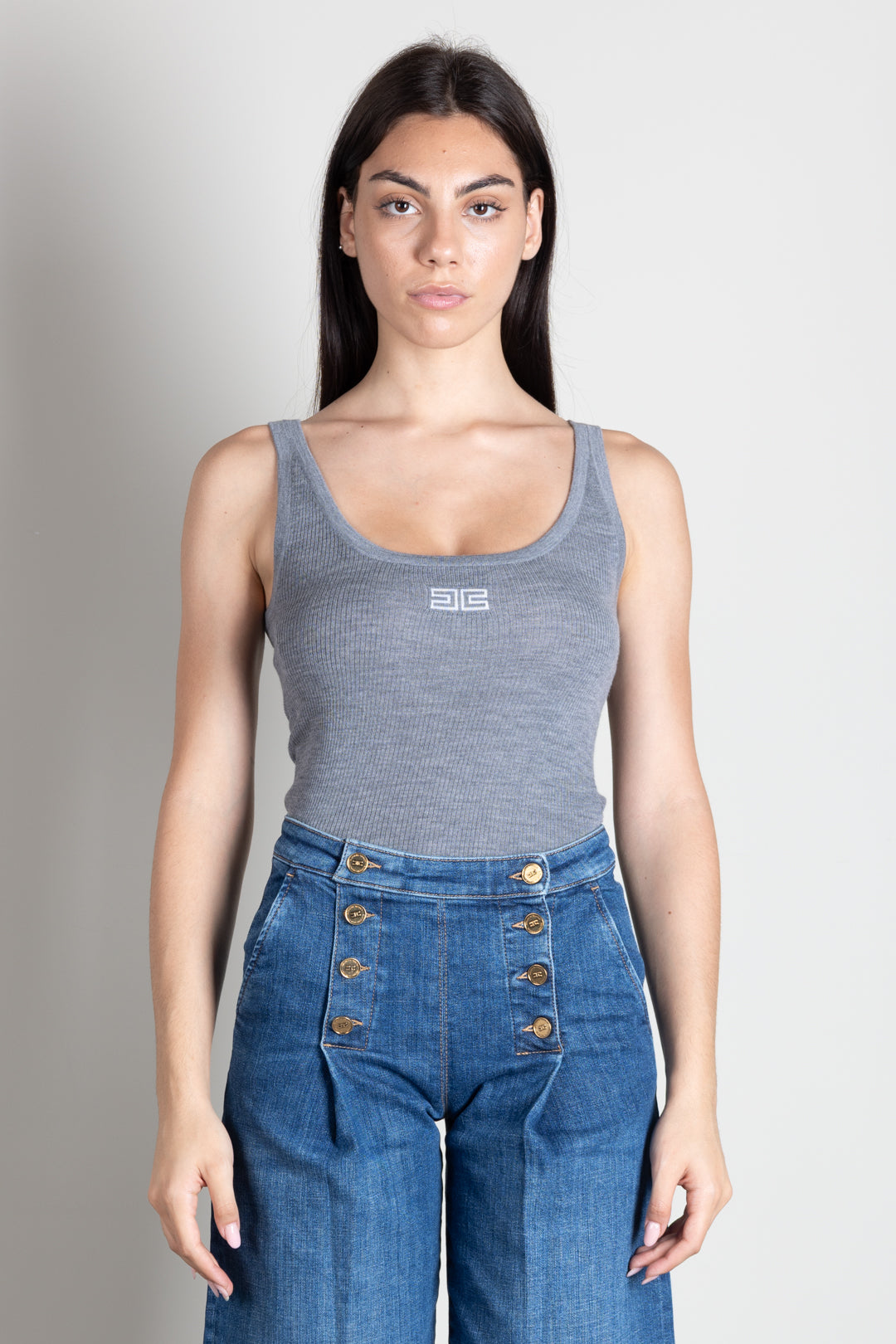 Elisabetta Franchi Canotta In Maglia a Costine con Logo  Ricamato TK03B66E2 GRIGIO MELANGE/AVORI