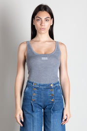 Elisabetta Franchi Canotta In Maglia a Costine con Logo  Ricamato TK03B66E2 GRIGIO MELANGE/AVORI