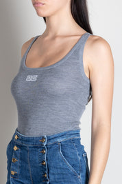 Elisabetta Franchi Canotta In Maglia a Costine con Logo  Ricamato TK03B66E2 GRIGIO MELANGE/AVORI