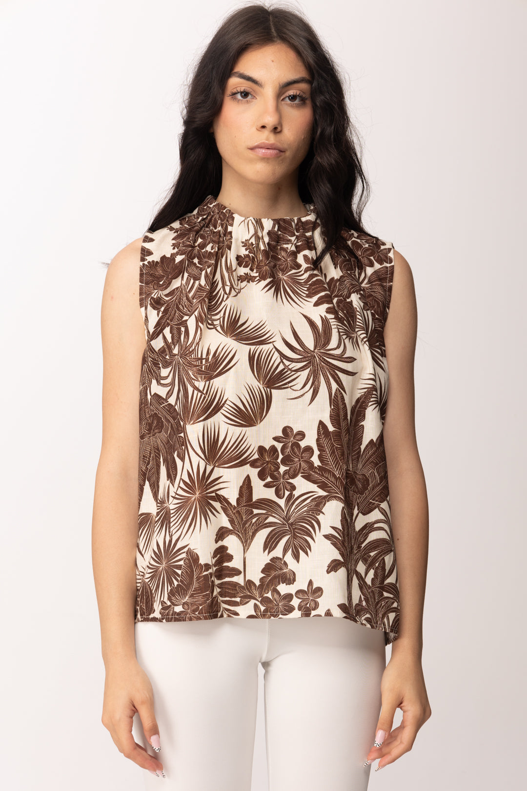 Khloe Femme Canotta Stampa Tropicale Collo Arricciato 26518 BEIGE/CACAO