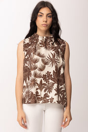 Khloe Femme Canotta Stampa Tropicale Collo Arricciato 26518 BEIGE/CACAO