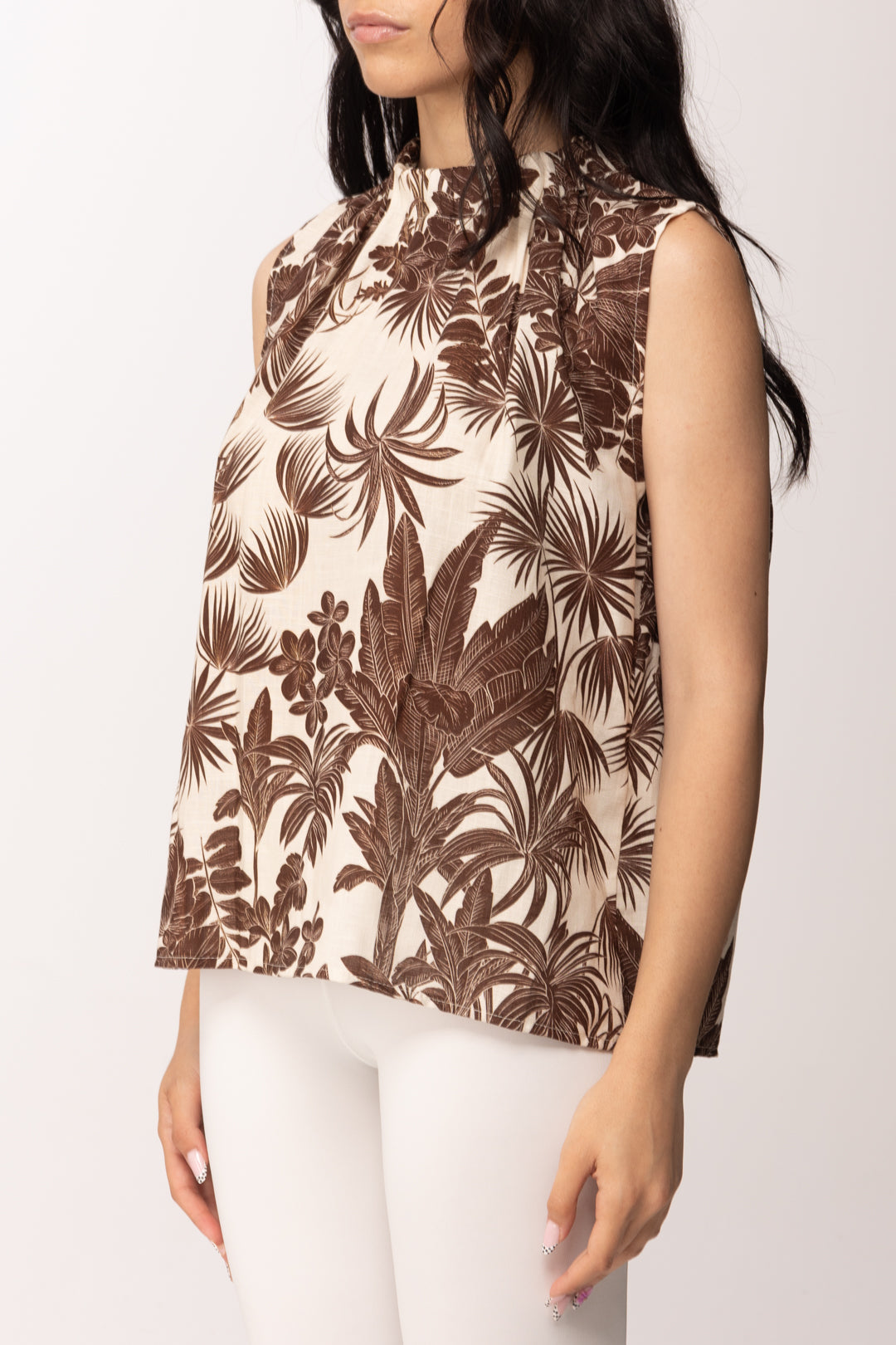 Khloe Femme Canotta Stampa Tropicale Collo Arricciato 26518 BEIGE/CACAO