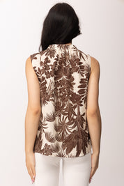 Khloe Femme Canotta Stampa Tropicale Collo Arricciato 26518 BEIGE/CACAO