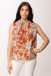 Khloe Femme Canotta Stampa Tropicale Collo Arricciato 26518 COCCIO/BEIGE