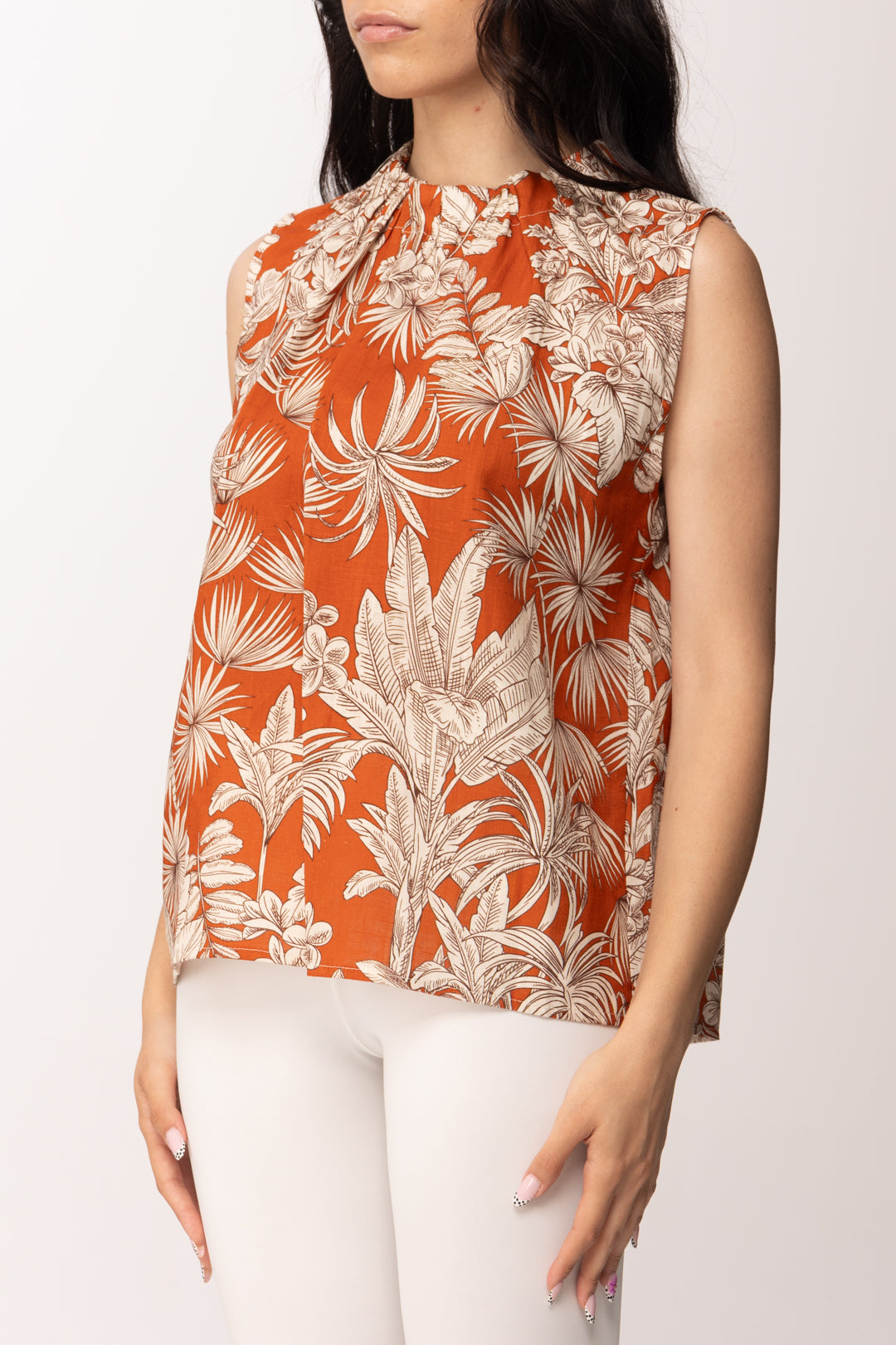 Khloe Femme Canotta Stampa Tropicale Collo Arricciato 26518 COCCIO/BEIGE