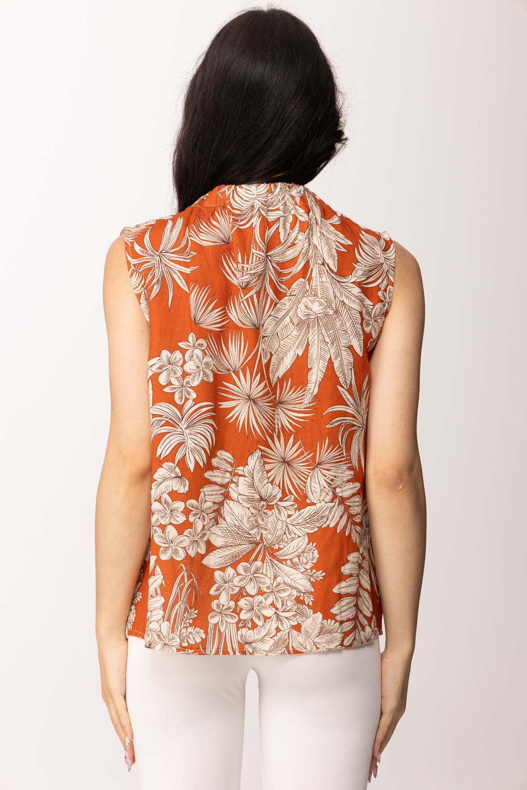 Khloe Femme Canotta Stampa Tropicale Collo Arricciato 26518 COCCIO/BEIGE