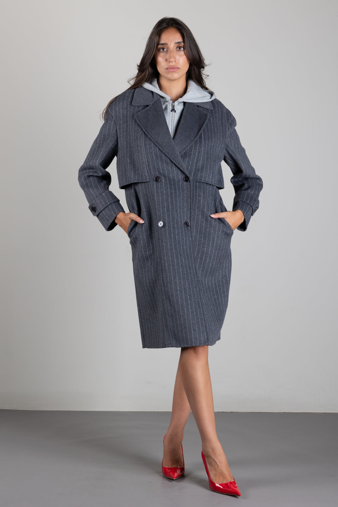 Patrizia Pepe Cappotto 3 In 1 In Misto Lana 8O0104 C7010 GREY WHITE STRIPE