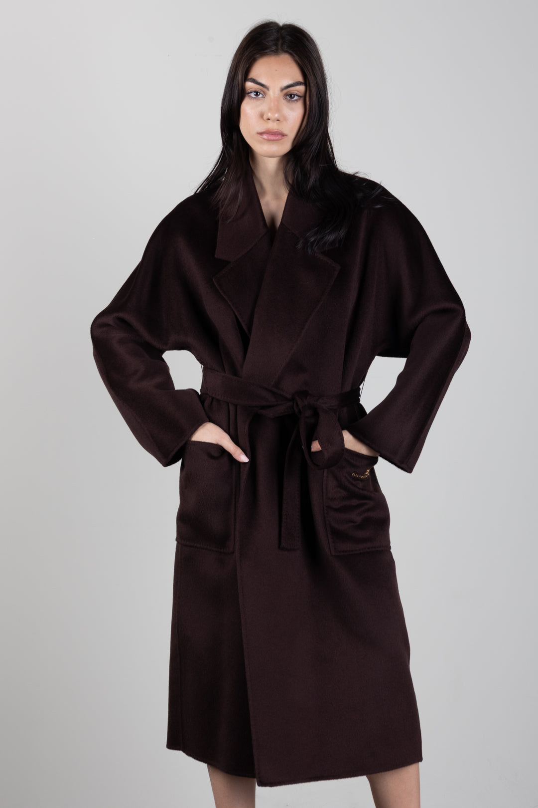 Elisabetta Franchi Cappotto a Vestaglia In Lana con Cintura CP01D66E2 DARK CHOCOLATE