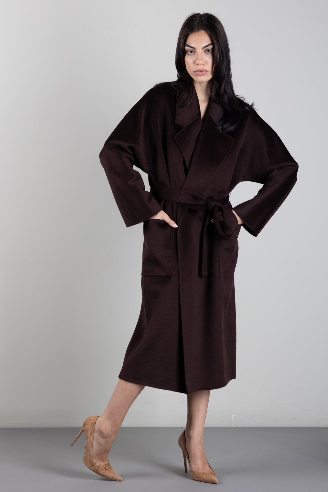 Elisabetta Franchi Cappotto a Vestaglia In Lana con Cintura CP01D66E2 DARK CHOCOLATE