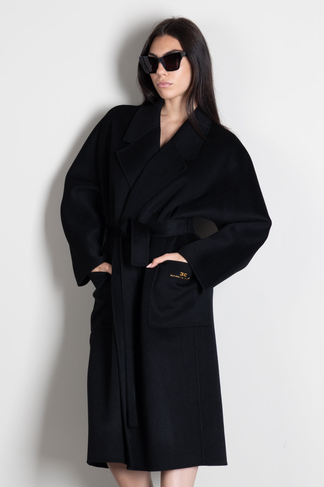 Elisabetta Franchi Cappotto a Vestaglia In Lana con Cintura CP01D66E2 NERO