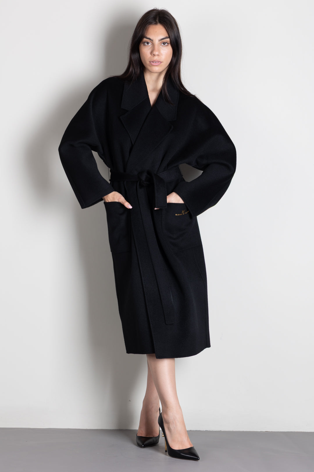 Elisabetta Franchi Cappotto a Vestaglia In Lana con Cintura CP01D66E2 NERO