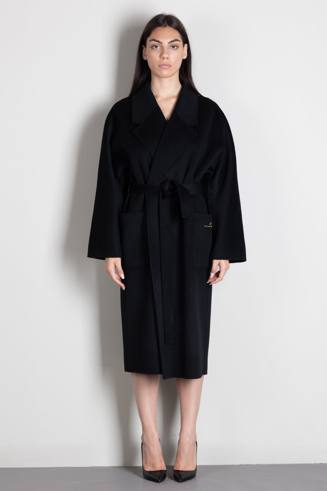 Elisabetta Franchi Cappotto a Vestaglia In Lana con Cintura CP01D66E2 NERO