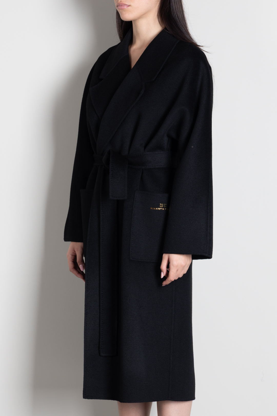 Elisabetta Franchi Cappotto a Vestaglia In Lana con Cintura CP01D66E2 NERO